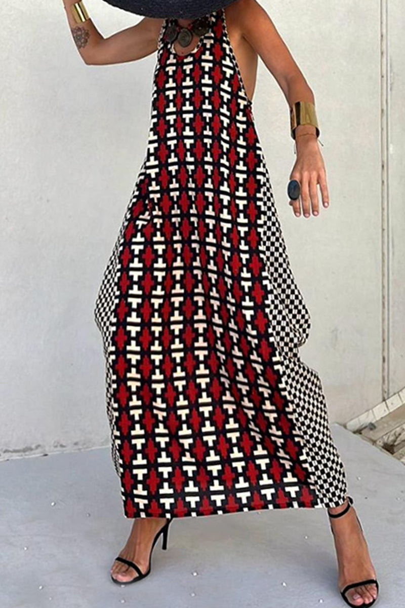 Vestidos largos casuales con cuello en U, sin espalda y estampado
