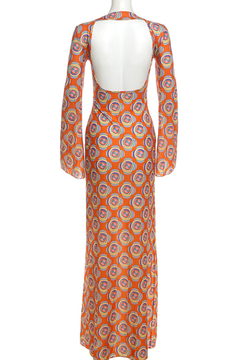 Vestidos largos elegantes con cuello redondo, espalda descubierta y estampado de patchwork
