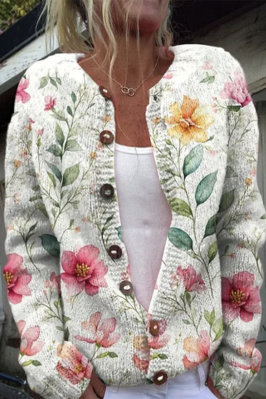 Prenda exterior informal de uso diario con estampado de flores que imitan a un suéter, botones en contraste y cuello redondo (8 colores)