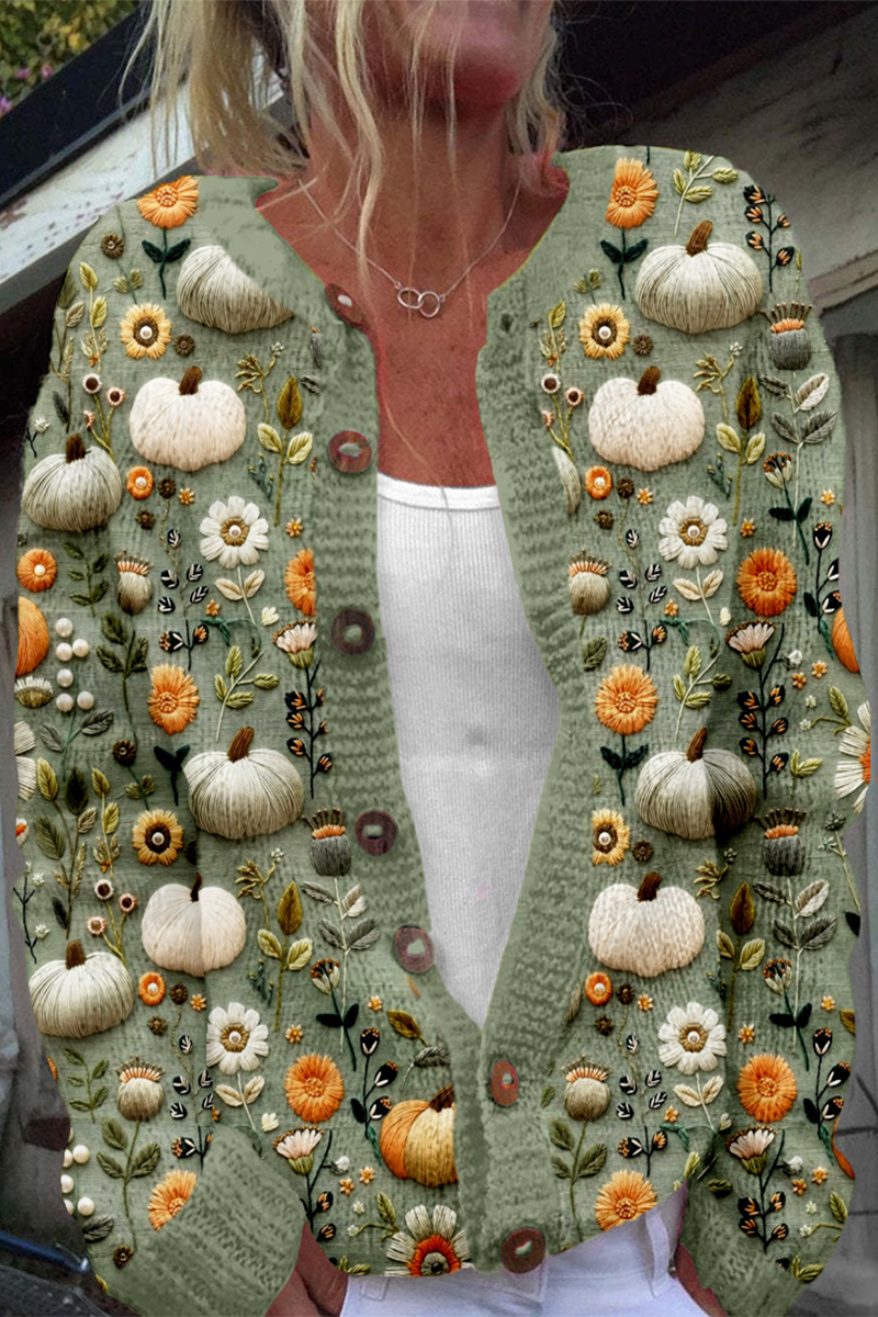 Prenda exterior informal de uso diario con estampado de flores que imitan a un suéter, botones en contraste y cuello redondo (8 colores)