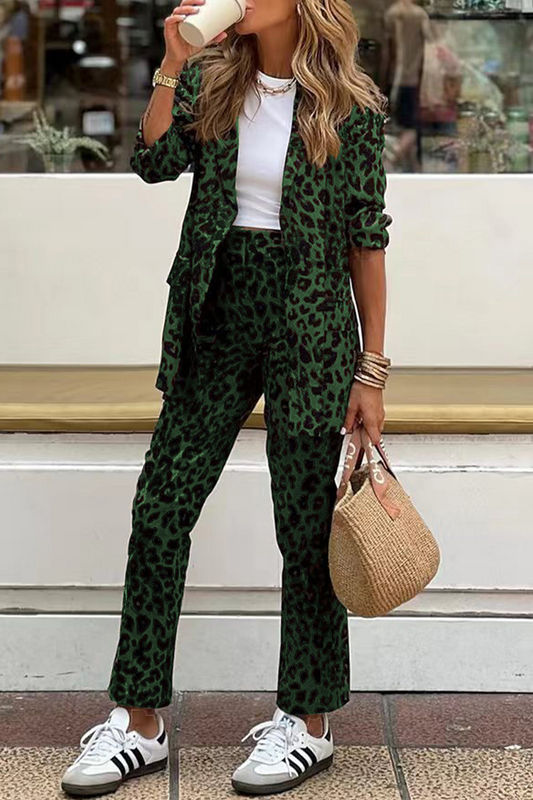 Conjunto informal de dos piezas con cuello vuelto, manga larga y bolsillo de leopardo para calle