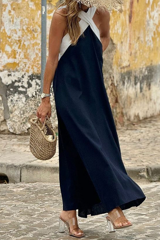 Vestidos casuales con cuello en V, tirantes y patchwork en contraste