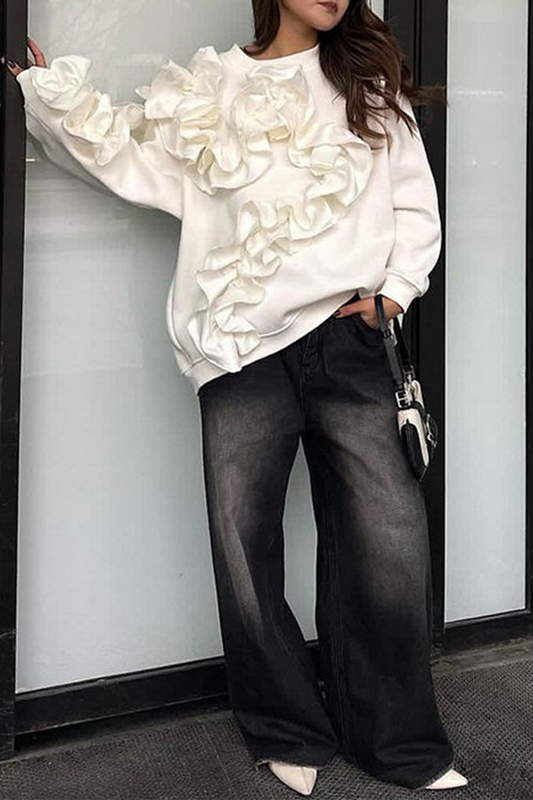 Sudadera informal con cuello redondo y forma de flor