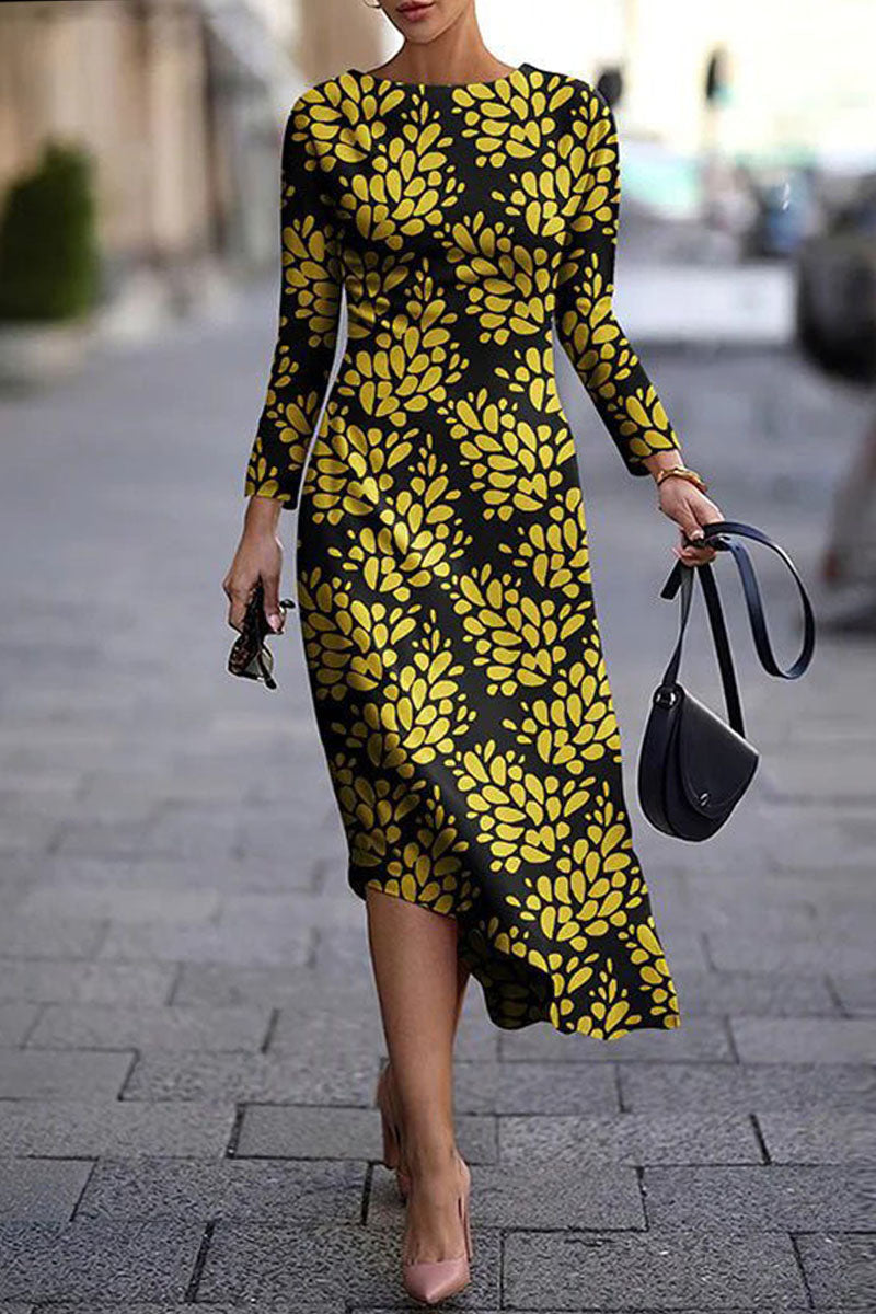 Vestidos casuales básicos con estampado de cuello redondo y manga larga (5 colores)