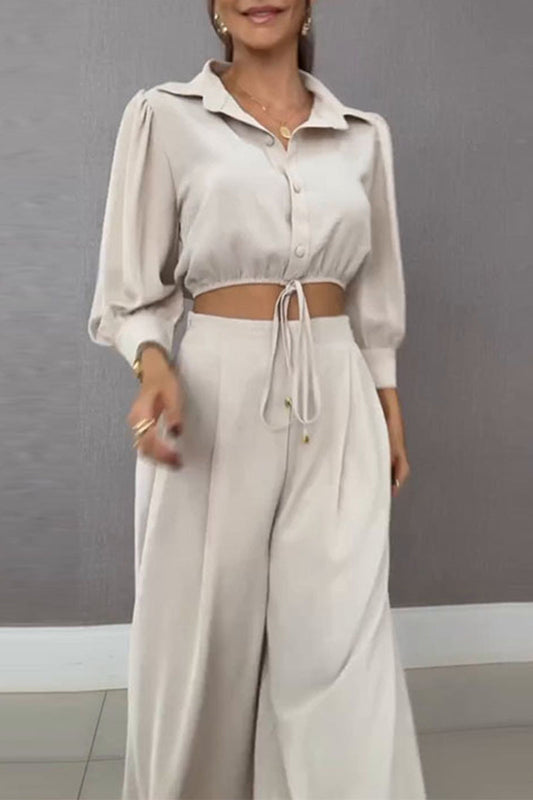 Conjunto informal de dos piezas con cuello vuelto, manga larga y cordones para uso diario