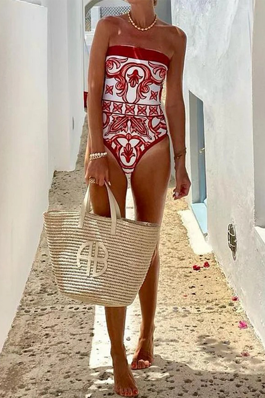 Traje de baño de dos piezas con estampado floral, sexy, sin tirantes, con cordones y sin mangas