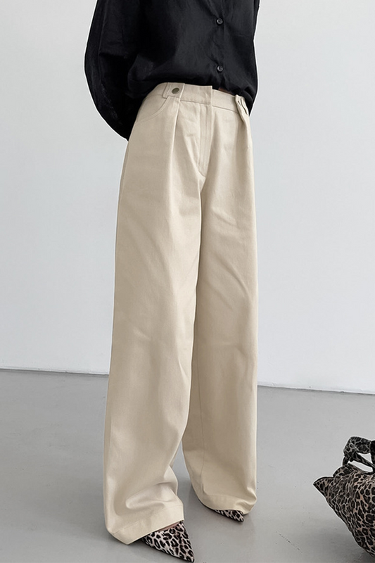 Pantalones casuales de cintura alta, holgados, con botones y bolsillos, y pernera ancha