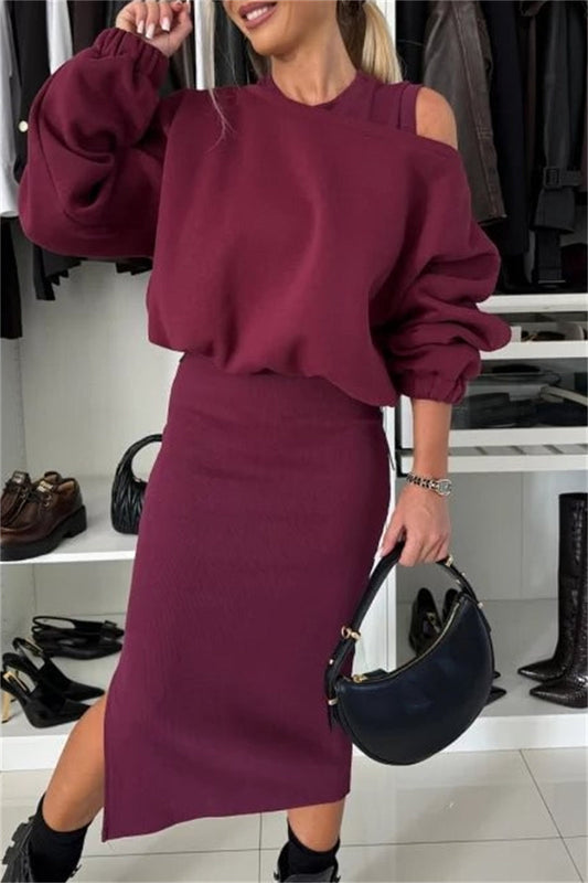 Conjunto informal de dos piezas con cuello redondo y manga larga (4 colores)