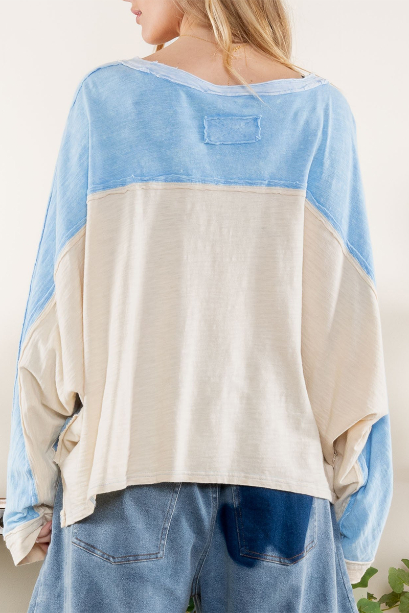 Tops casuales de rayas con patchwork y cuello en V en contraste