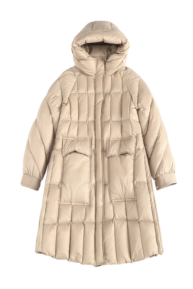 Chaqueta informal con capucha y bolsillo con cremallera y plumón de pato blanco (contenido de plumón 86% ~ 90%)
