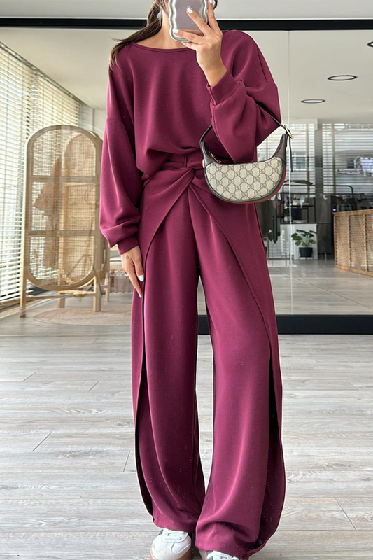 Conjunto informal de dos piezas con bolsillo, espalda descubierta, cuello redondo y manga larga (3 colores)