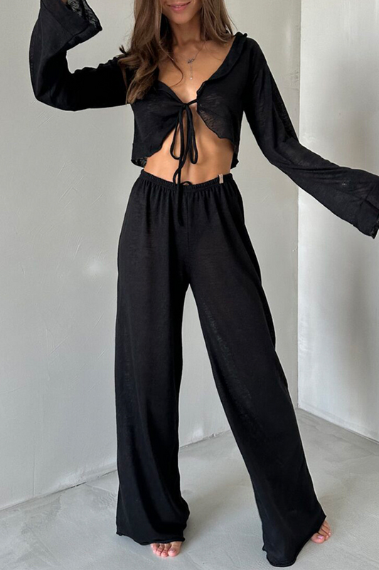 Conjunto informal de dos piezas con encaje, volantes, cuello en V y manga larga
