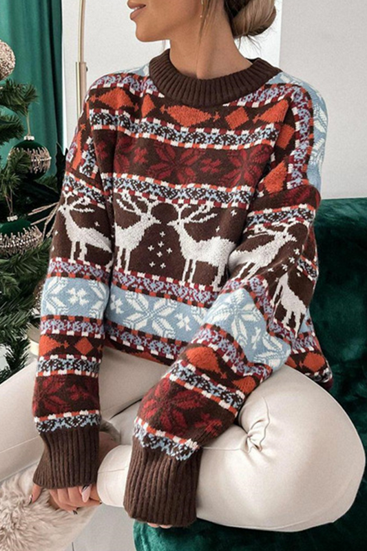 Suéteres casuales de cuello redondo con contraste de tejido de copos de nieve Wapiti (3 colores)