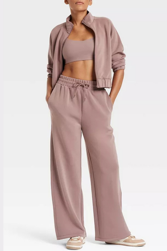 Conjunto deportivo informal de dos piezas con bolsillos, cordones, cuello mandarín y manga larga