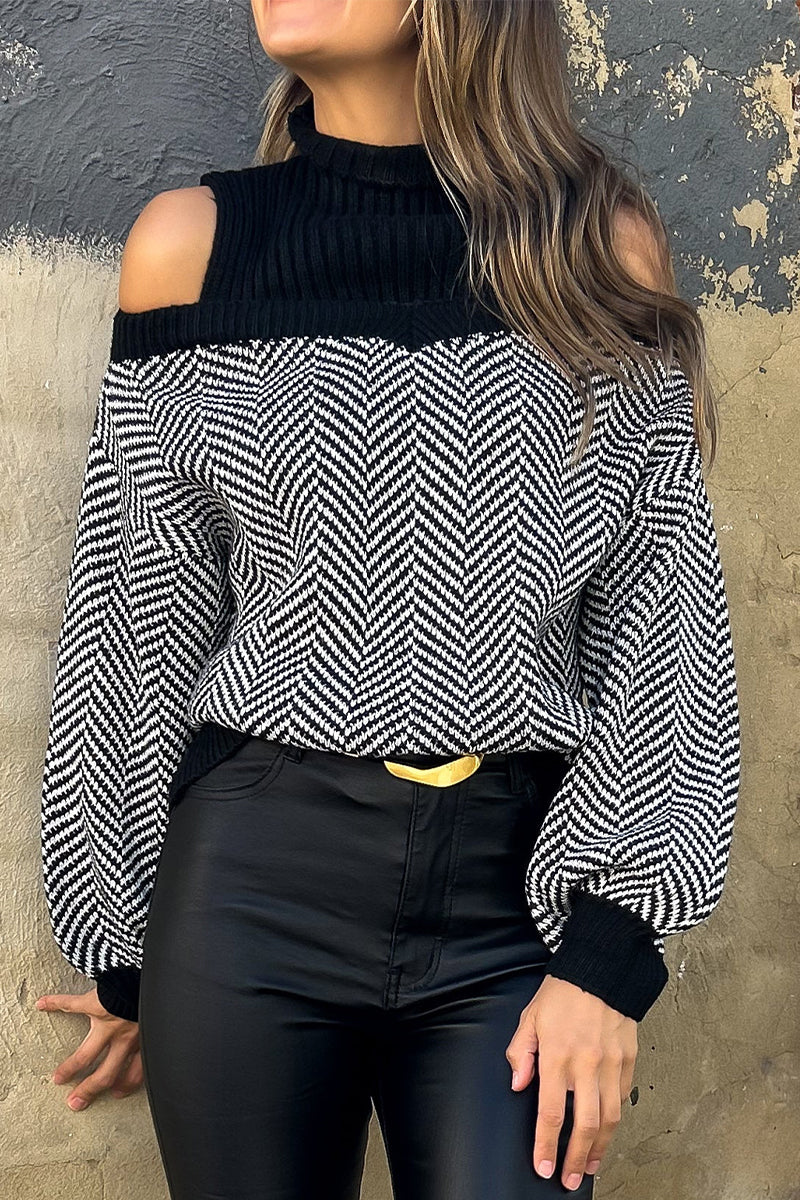 Suéteres casuales de cuello alto con contraste y tejido de rayas
