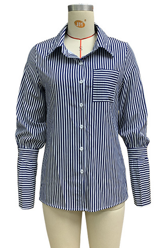 Blusas casuales con cuello vuelto, rayas, bolsillos y patchwork en contraste