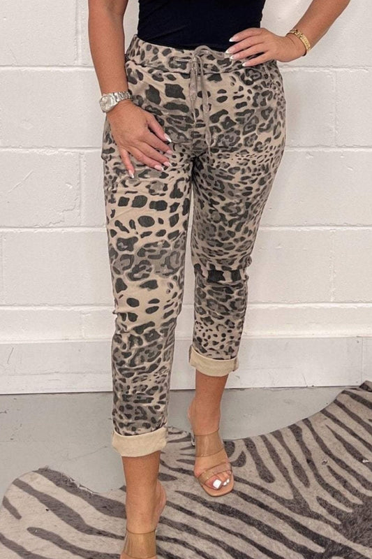 Pantalones casuales con estampado de leopardo y camuflaje, básicos, de cintura alta, convencionales, con estampado completo (5 colores)