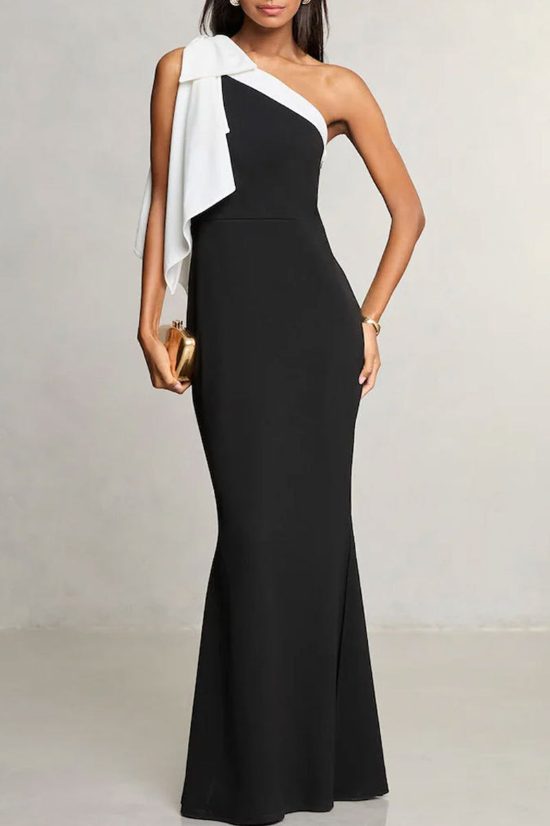 Elegantes vestidos largos con cuello oblicuo y patchwork en contraste