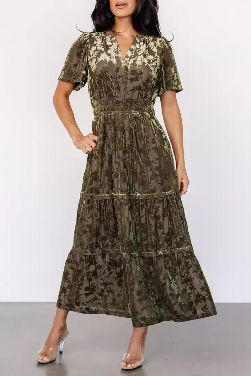 Elegante vestido de línea A con escote en V, textura de volantes y bolsillos con flores