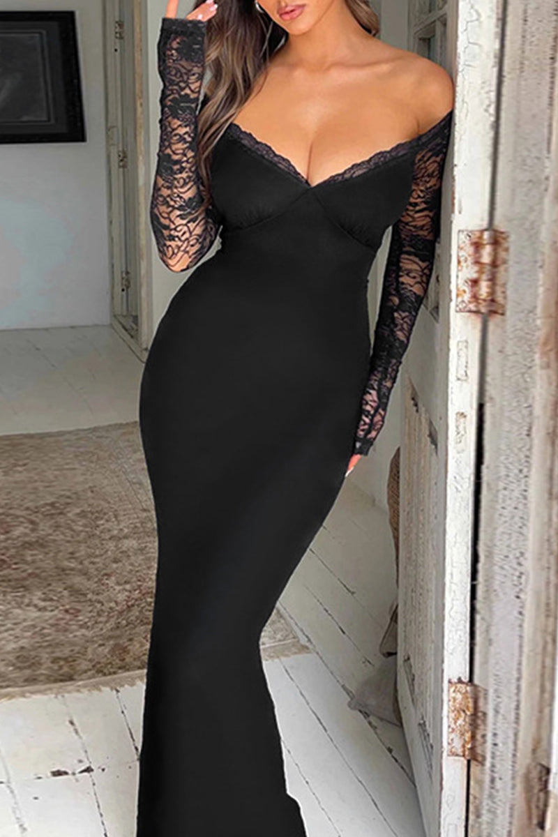 Elegantes vestidos largos con hombros descubiertos y espalda descubierta con patchwork de encaje