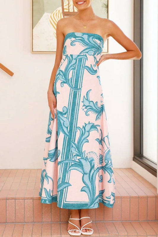 Vestidos casuales de vacaciones con estampado floral en contraste, sin tirantes