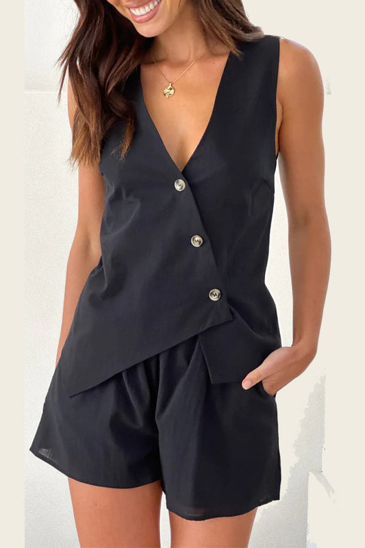 Conjunto informal de dos piezas con botones, cuello en V irregular, sin mangas y estampado diario