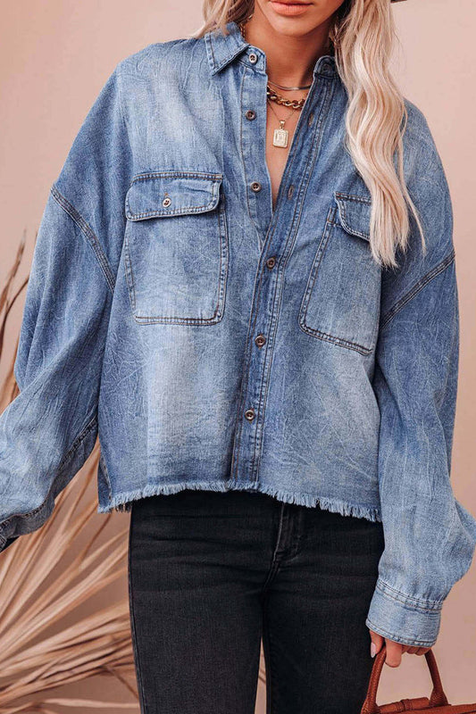 Blusas casuales de uso diario con cuello vuelto, bolsillos en contraste y colores degradados