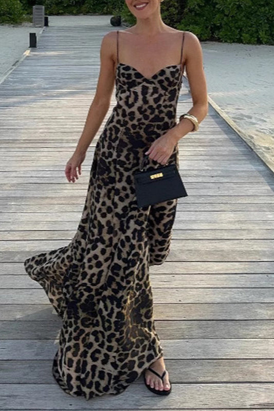 Vestidos largos sexis con escote en V y estampado de leopardo