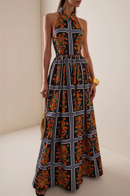 Elegante vestido de falda de un solo paso con halter y contraste con estampado floral