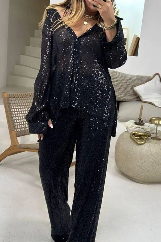 Conjunto informal de dos piezas con lentejuelas y cuello vuelto, manga larga