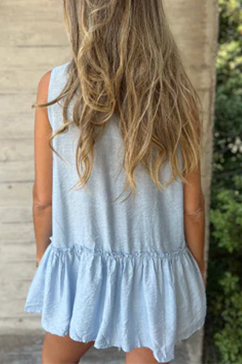 Blusa informal con botones, volantes plisados y cuello vuelto (3 colores)