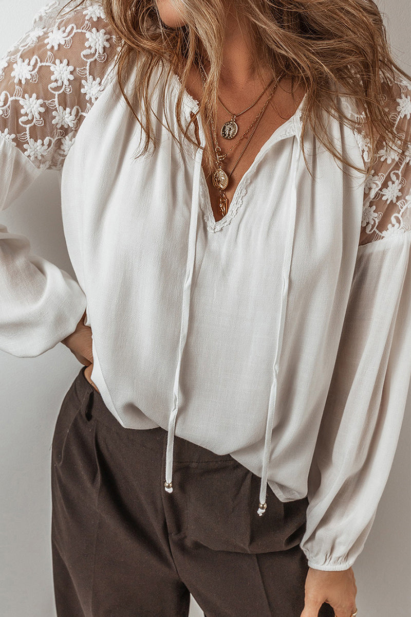 Blusas casuales de encaje con cuello en V y patchwork
