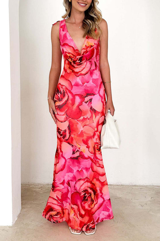 Vestidos largos sexis con estampado floral, encaje, espalda descubierta, escote en V en contraste