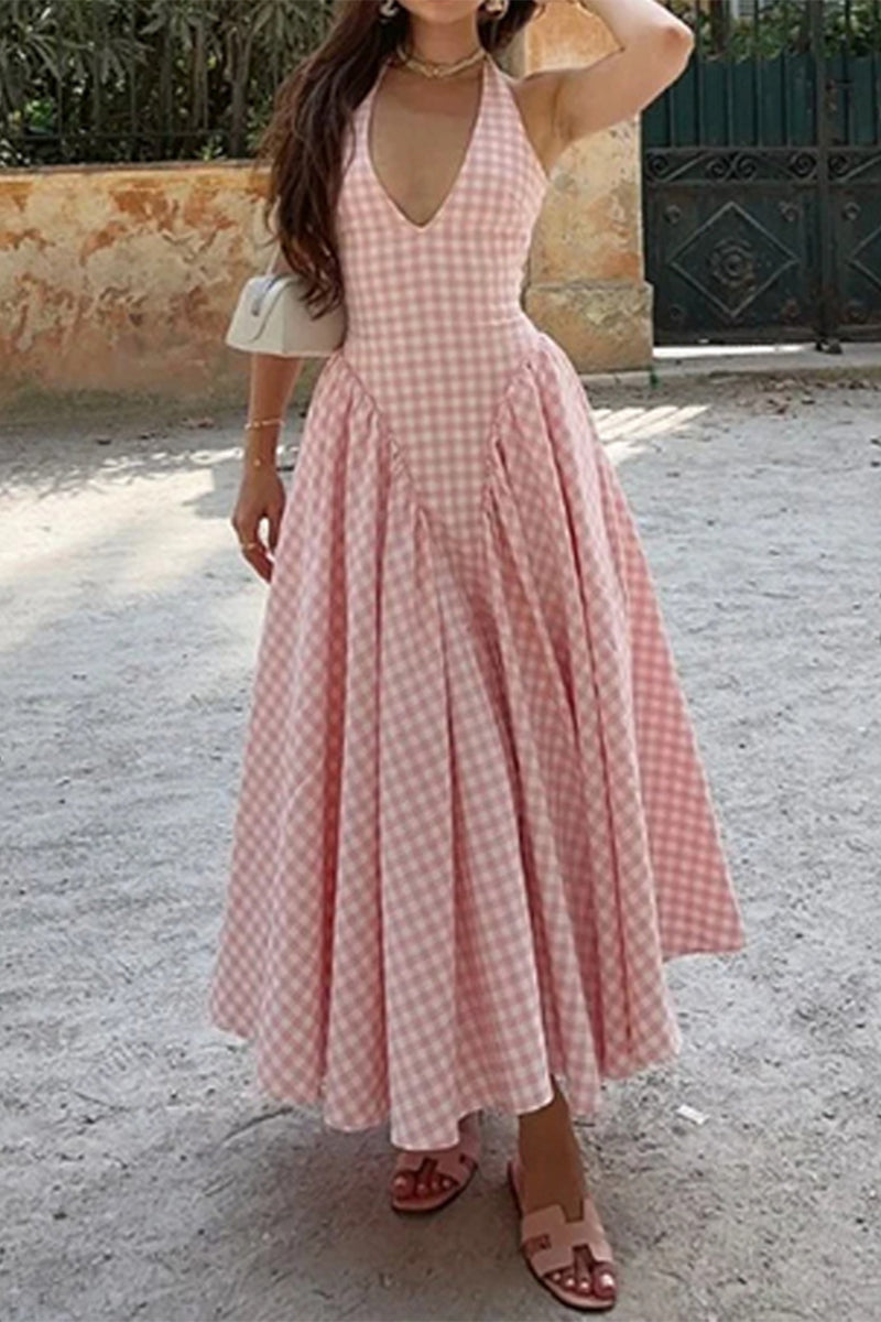 Vestidos sexis a cuadros con cordones, espalda descubierta y contraste, estilo halter, sin mangas