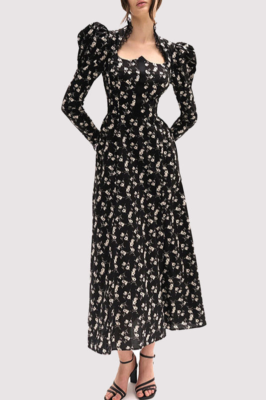 Elegante vestido de manga larga con cuello cuadrado, encaje y patchwork con estampado floral