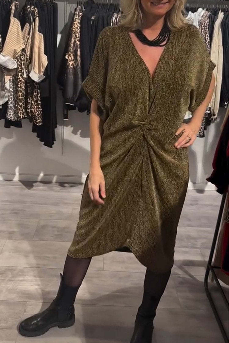 Vestido informal de manga corta con escote en V y lentejuelas fruncidas (4 colores)