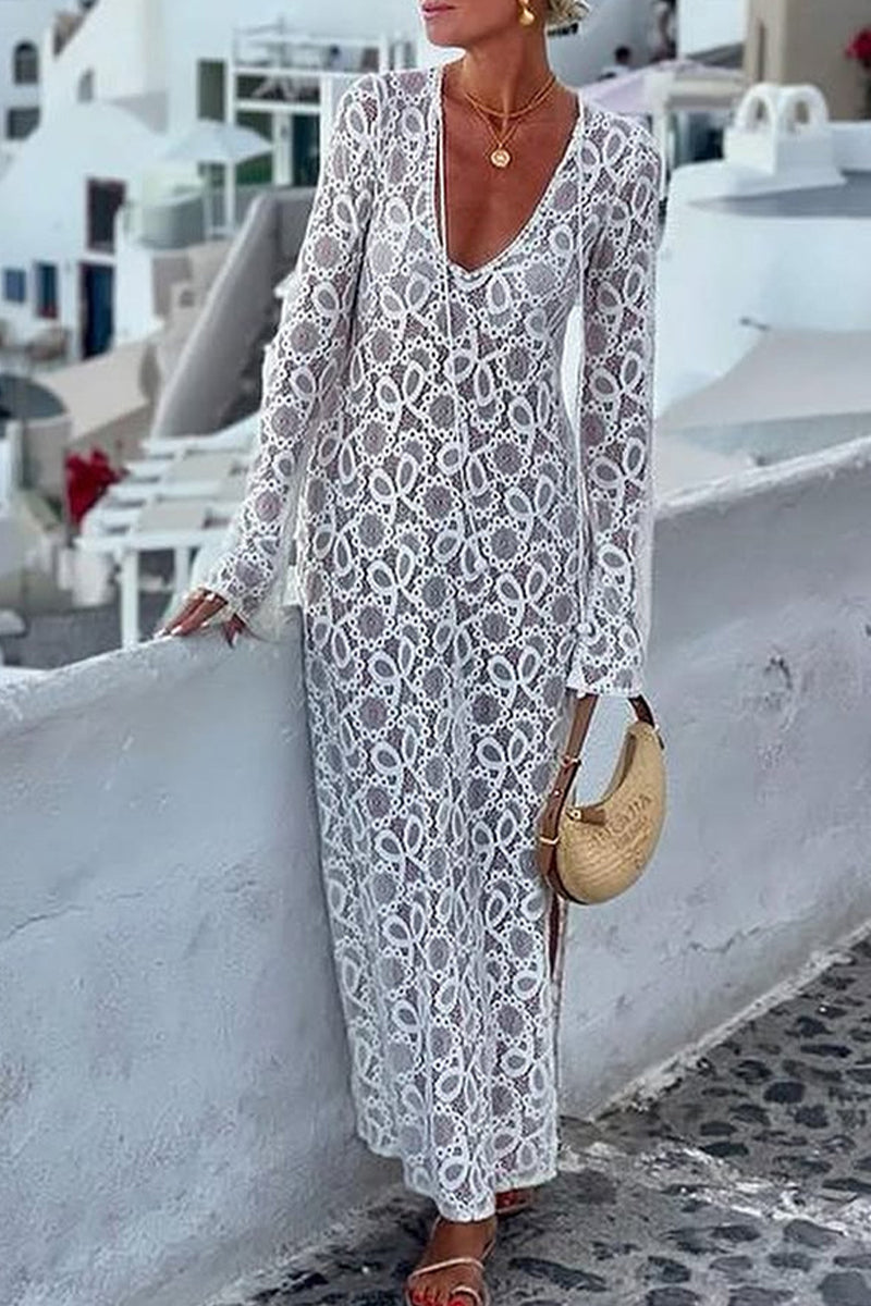 Vestidos sexis de manga larga con escote en V, aberturas y encaje transparente