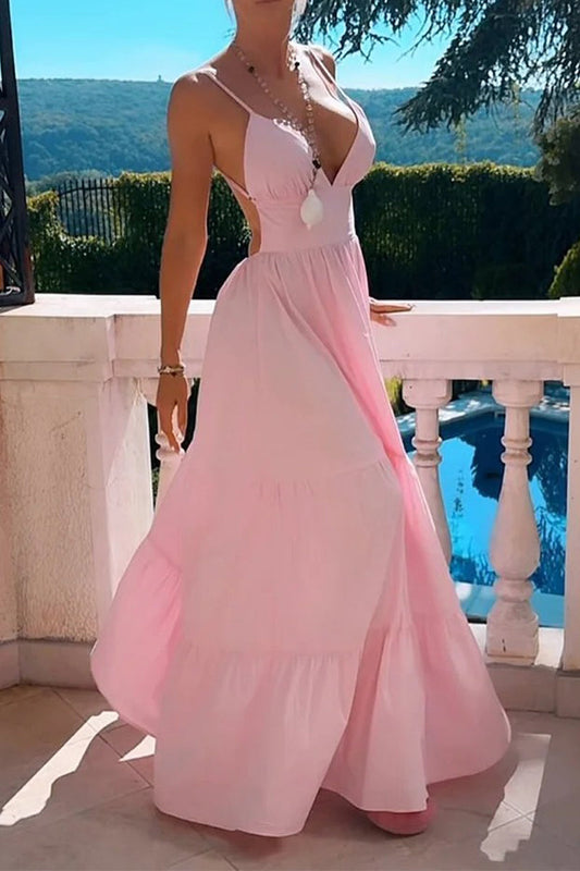 Vestidos sexis de color sólido con escote en V, sin espalda y volantes