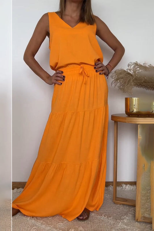 Conjunto informal de dos piezas con encaje, volantes, escote en V y sin mangas (6 colores)