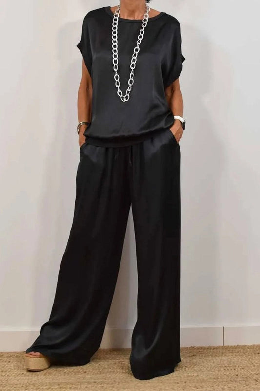 Conjunto informal de dos piezas con bolsillo y cordón, cuello redondo, manga corta (4 colores)