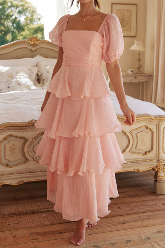 Vestidos casuales con falda pastel, escote cuadrado, volantes y espalda descubierta