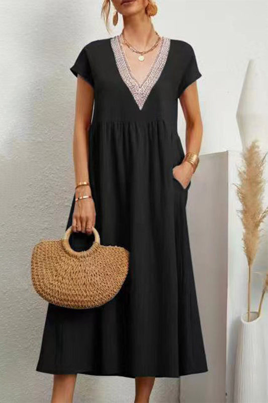 Vestido informal de color liso con bolsillos, escote en V y manga corta