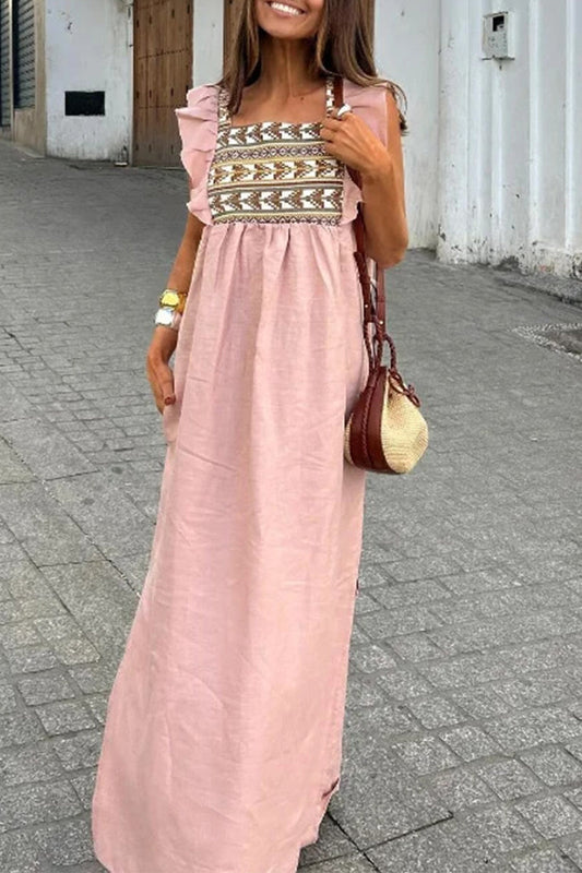 Vestidos elegantes de diario con estampado geométrico, volantes, escote cuadrado y corte A