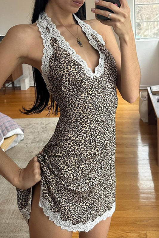 Vestidos sexis sin mangas con cuello halter y encaje de leopardo