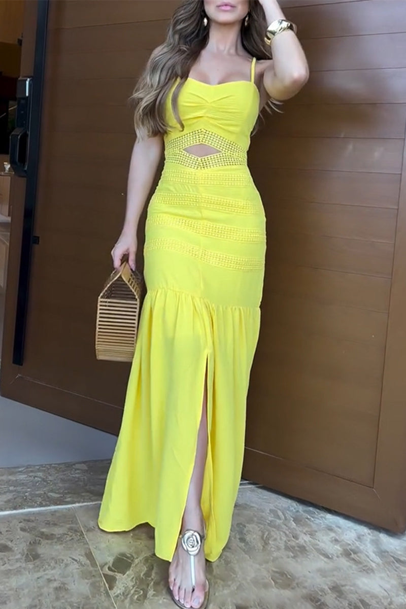 Vestidos largos casuales de color sólido con aberturas y volantes