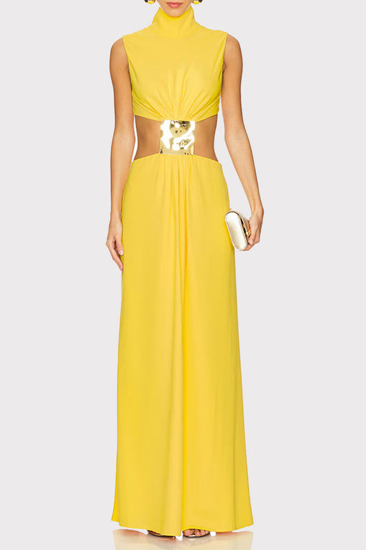 Vestidos largos sexis de cuello alto con adornos metálicos y detalles de color sólido