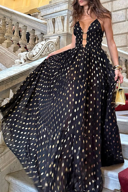Vestidos largos sexys con escote en V y lunares en contraste