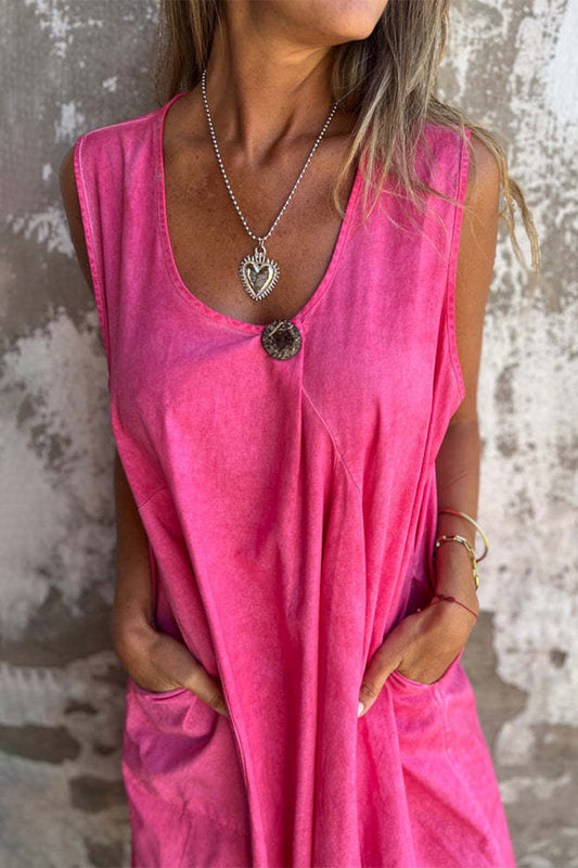 Vestidos casuales sin mangas con cuello redondo, botones y bolsillos de color sólido