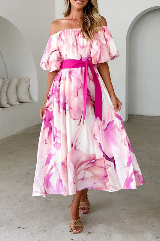 Elegante vestido de corte A con hombros descubiertos, encaje y estampado floral