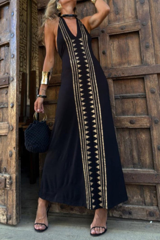 Vestidos sexis de falda de un solo paso con cuello halter, espalda descubierta y estampado geométrico